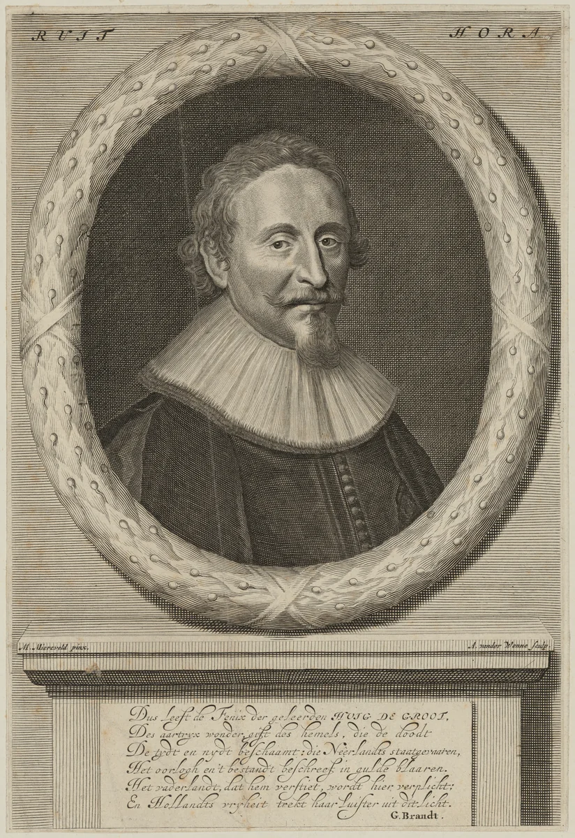 Hugo Grotius by Abraham Meindersz van der Wenne; Michiel van Miereveld, print, 1656-1693