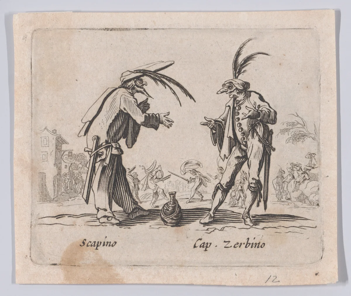 Copy of Scapino and Capitano Zerbino, from "Balli di Sfessania" (Dance of Sfessania) by Jacques Callot, print, 1622-1700