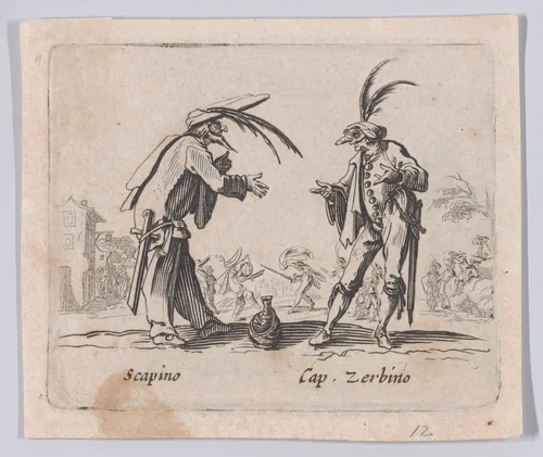 Copy of Scapino and Capitano Zerbino, from "Balli di Sfessania" (Dance of Sfessania) by Jacques Callot, print, 1622-1700