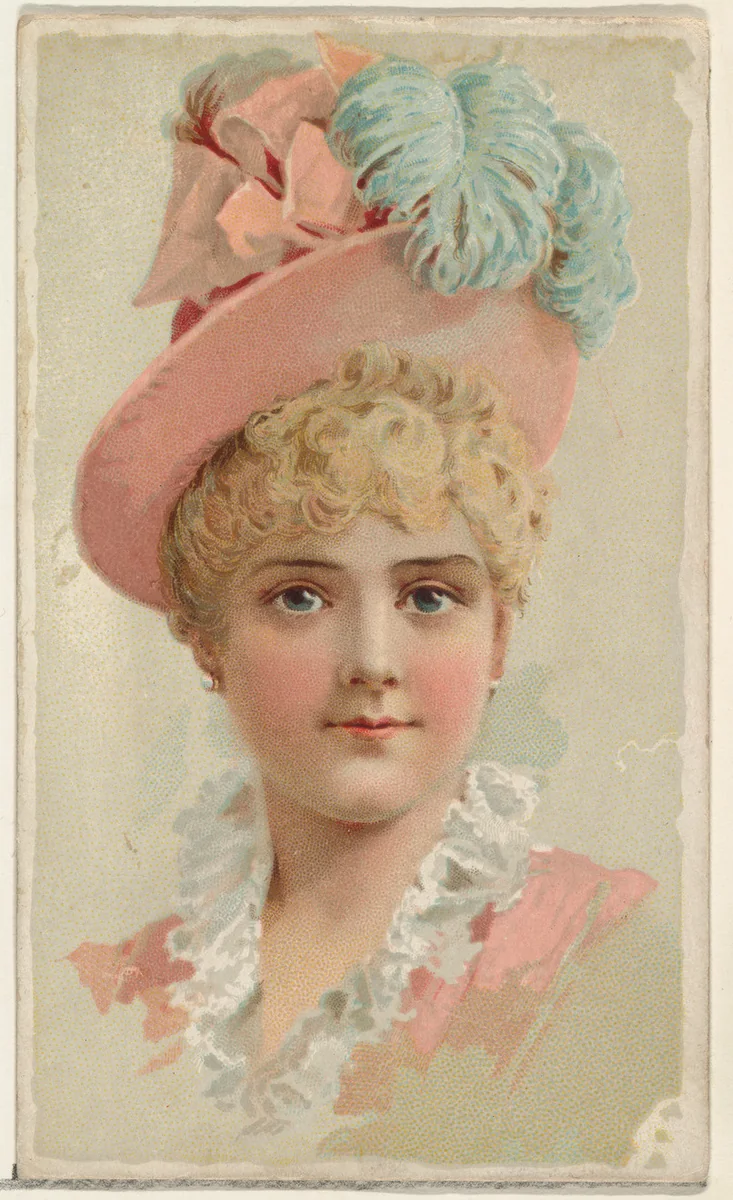 Actress wearing pink hat with blue feathers, from Stars of the Stage, First Series (N129) issued by W. Duke, Sons & Co. to promote Honest Long Cut Tobacco by W. Duke, Sons & Co., print, 1890