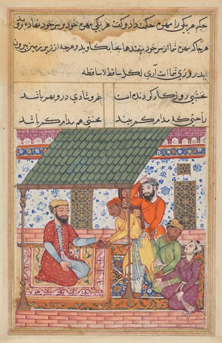 The four destitute friends go to a wise man who gives each one of them a magic shell to be placed on top of the turban, from a Tuti-nama (Tales of a Parrot): Forty-seventh Night by Unknown, painting, 1555-1565