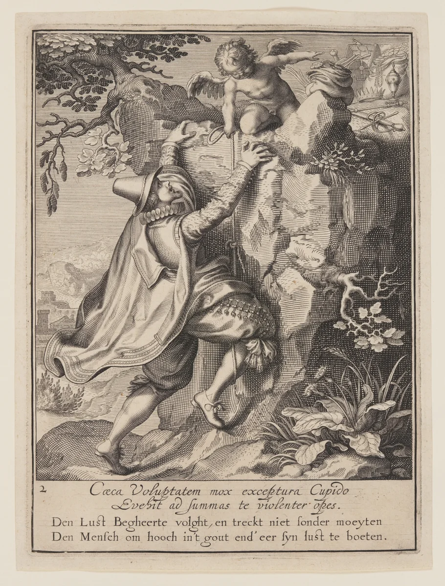 A Young Man Climbing a Hillside Aided by Cupid, from Allegory of the Misuse of Worldly Property by Willem van Swanenburgh, print, 1609