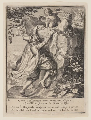 A Young Man Climbing a Hillside Aided by Cupid, from Allegory of the Misuse of Worldly Property by Willem van Swanenburgh, print, 1609