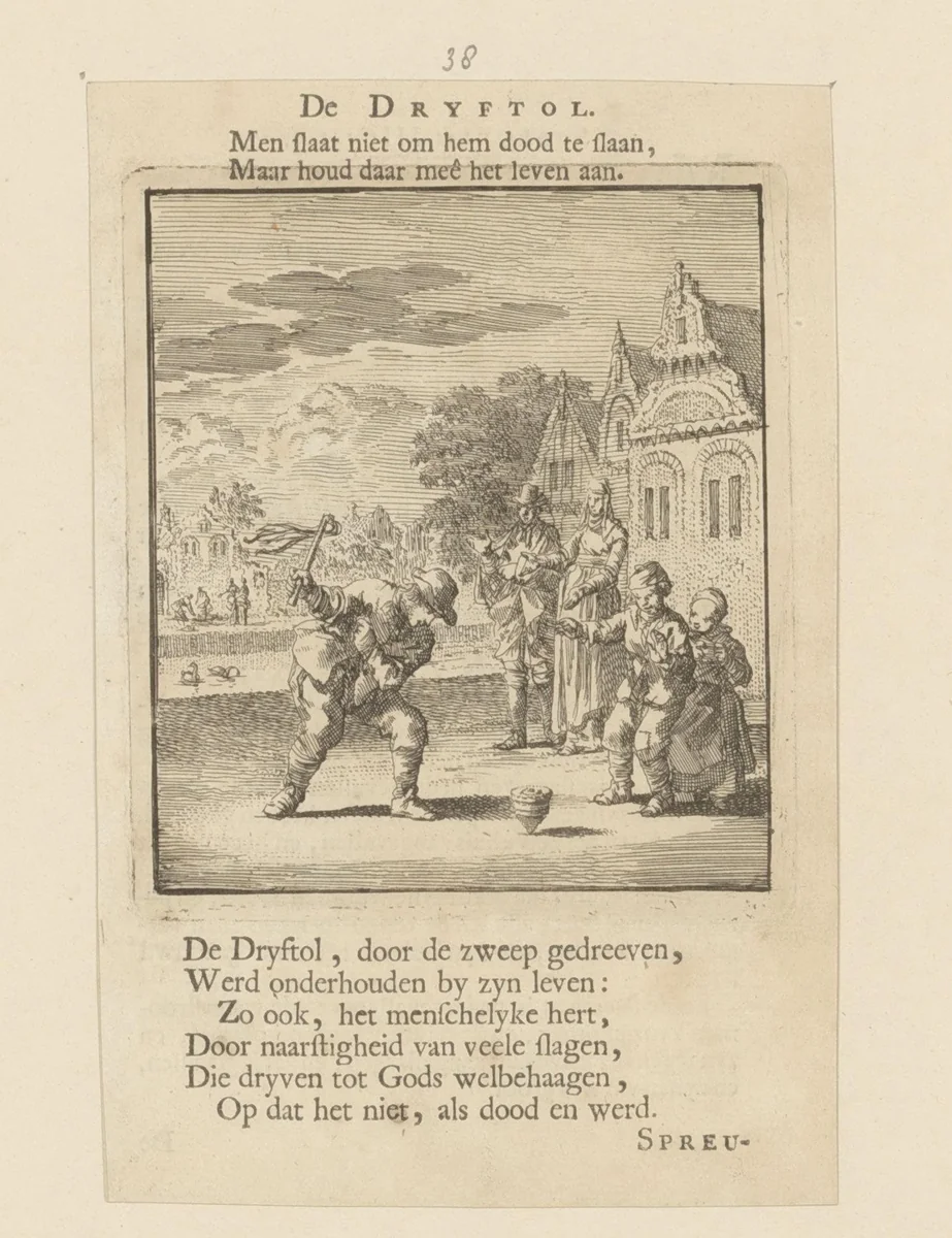 Kinderen spelend met een tol by Jan Luyken, print, 1712