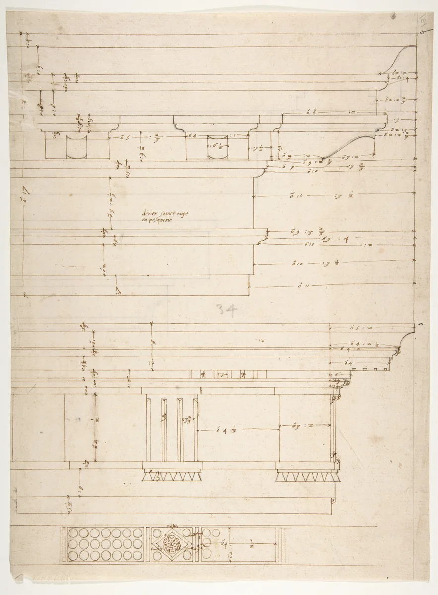 Unidentified, Doric cornice, elevation; Theater of Marcellus, Doric cornice, elevation (recto) Unidentified, cornice, elevation (verso) by anonymous, drawing, 1500-1560