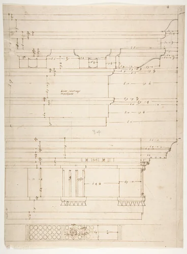 Unidentified, Doric cornice, elevation; Theater of Marcellus, Doric cornice, elevation (recto) Unidentified, cornice, elevation (verso) by anonymous, drawing, 1500-1560