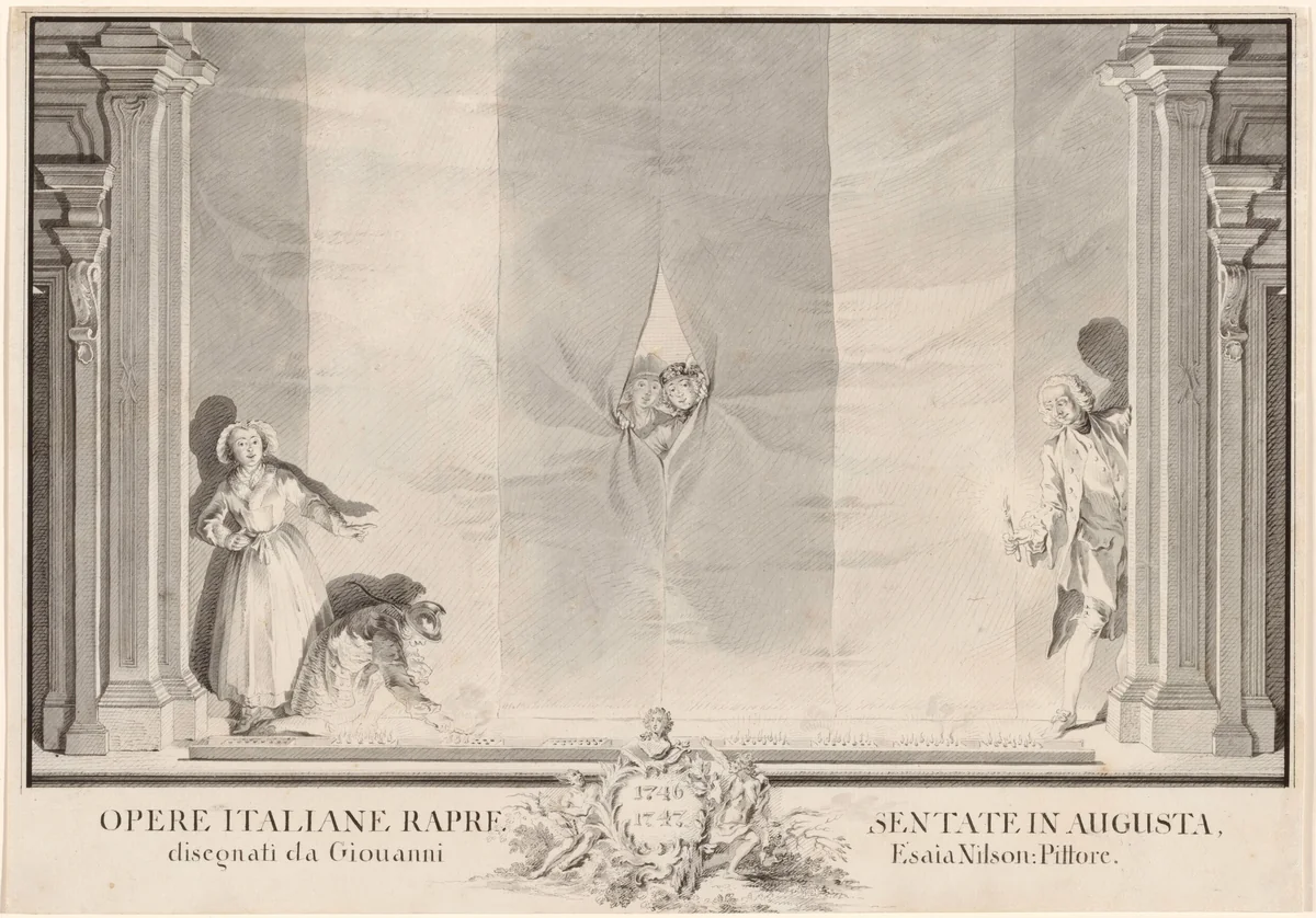Two Actors Peeking through a Theater Curtain while Others Prepare the Footlights by Johann Esaias Nilson, drawing, 1721-1788