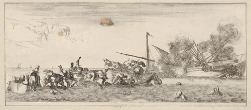 Naval battle, a rowboat filled with people fighting with muskets to left, people drowning in the sea in the center and right foreground, a ship on its side and burning in the background, from "Peace and War" (Divers desseins tant pour la paix que pour la guerre) by Stefano della Bella, print, 1638-1643
