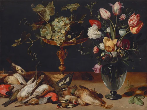 Still Life with Flowers, Grapes, and Small Game Birds by Frans Snyders, painting, 1615