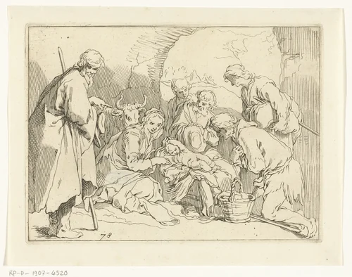 Aanbidding door de herders by Frederick Bloemaert, print, 1650-1700