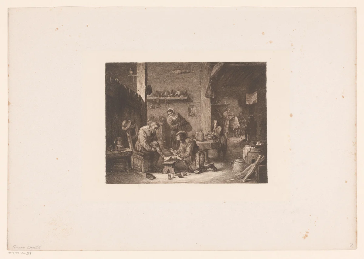 Interieur met een arts en een barbier by William Unger, print, 1847-1889