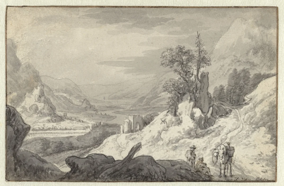 Mountain Landscape with a River Valley by Jan van Aken, drawing, 1652