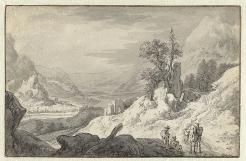 Mountain Landscape with a River Valley by Jan van Aken, drawing, 1652
