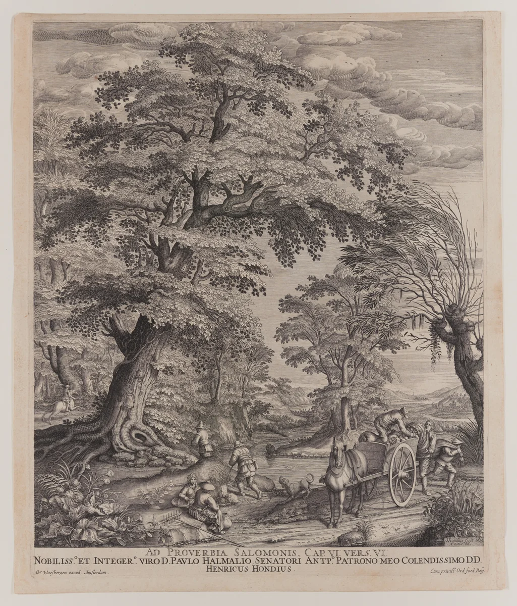 Landscape with Peasants and Wagon by Hendrik Hondius, print, 1639