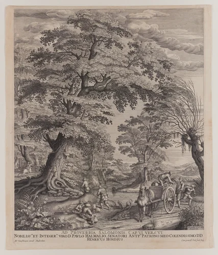 Landscape with Peasants and Wagon by Hendrik Hondius, print, 1639
