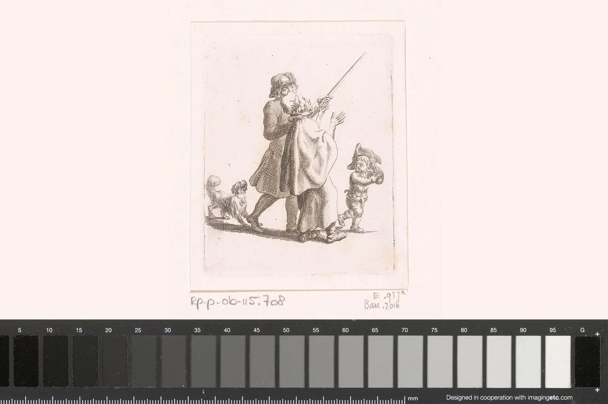 Bedelvoogd verjaagd een oude bedelaarster by Daniel Nikolaus Chodowiecki, print, 1800