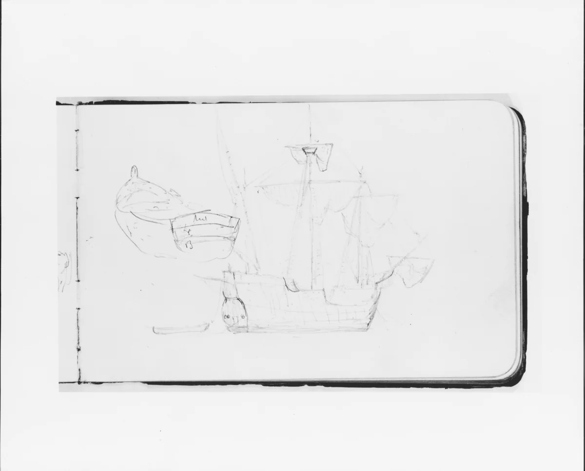 Study of a Ship and Rowboat (from Sketchbook) by Albert Bierstadt, artwork, 1891