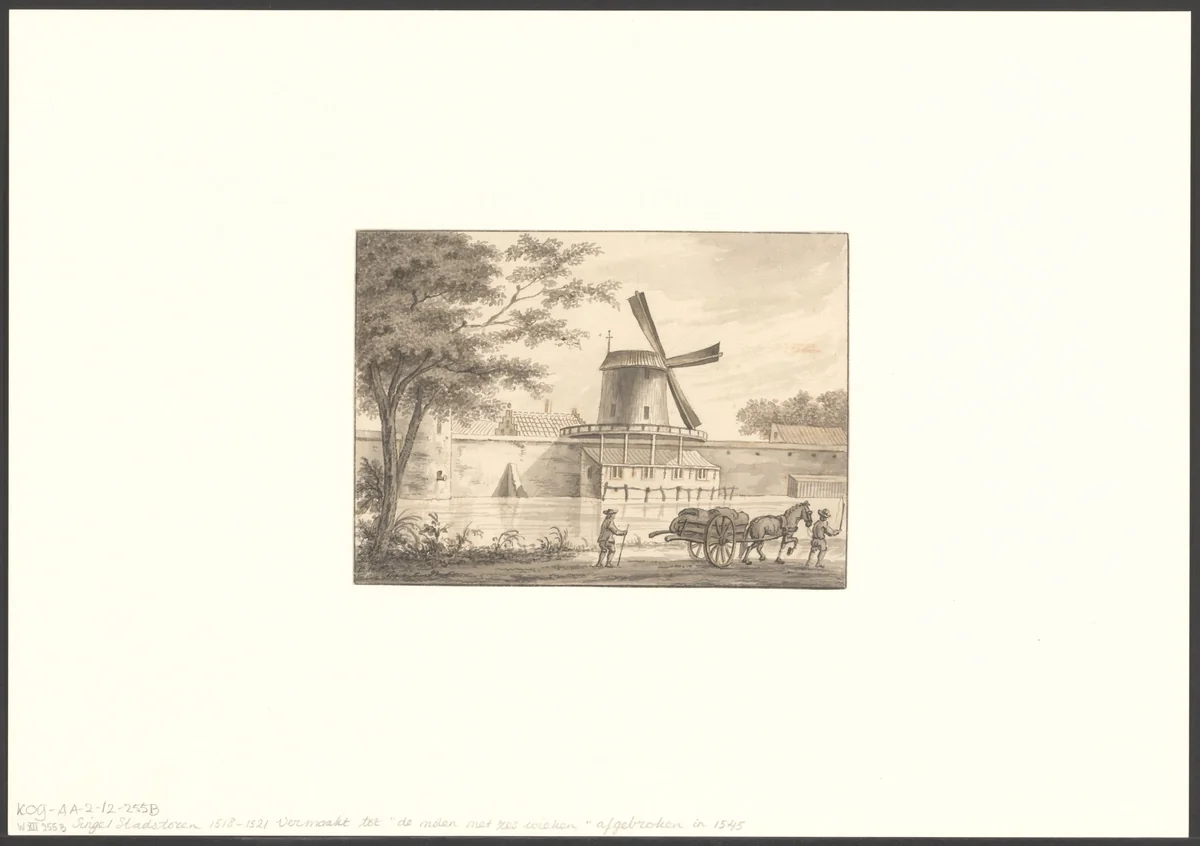 Gezicht op een molen bij het Singel by anonymous, drawing, 1700-1799