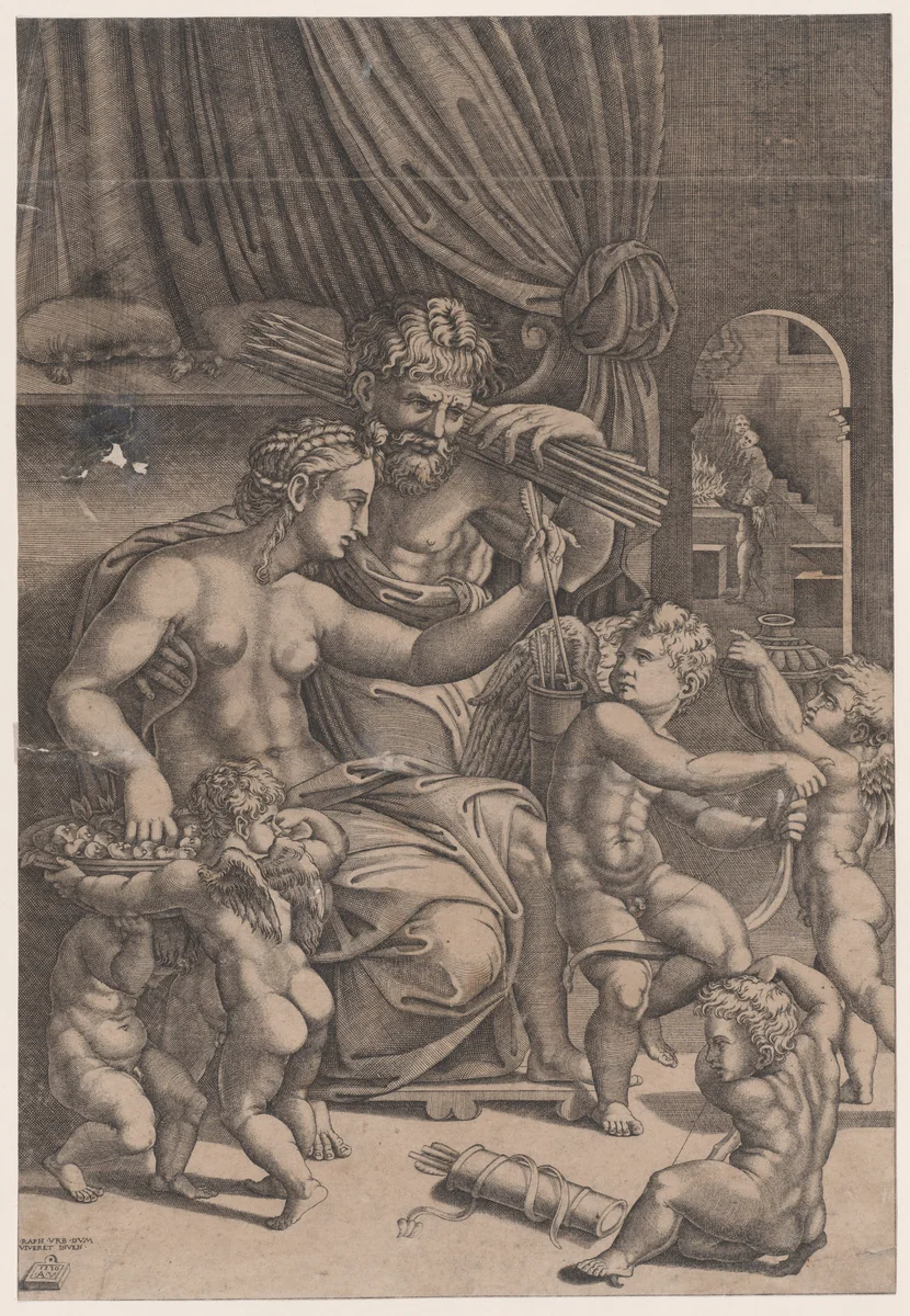 Venus and Vulcan Surrounded by Cupids by Agostino Veneziano, print, 1530