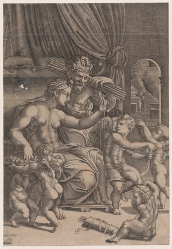 Venus and Vulcan Surrounded by Cupids by Agostino Veneziano, print, 1530