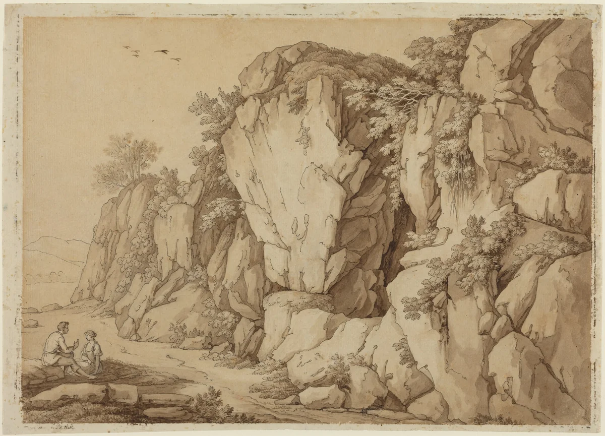 A Young Couple Seated near a Massive Rock Formation by Johann August Nahl II, drawing, 1752-1825
