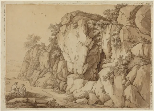 A Young Couple Seated near a Massive Rock Formation by Johann August Nahl II, drawing, 1752-1825
