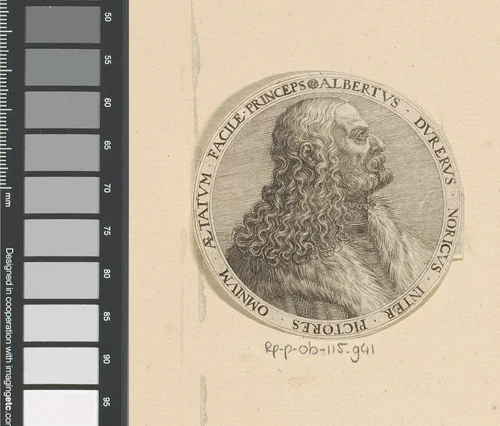 Portret van Albrecht Dürer in medaillon by anonymous, print, 1520-1599