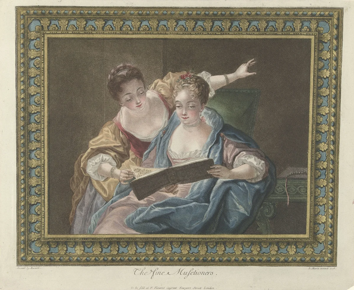 Twee musicerende vrouwen by Louis Marin Bonnet, print, 1775