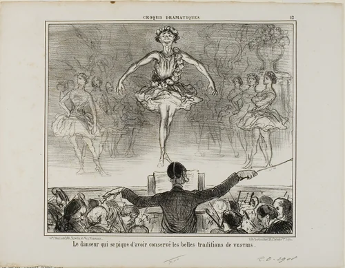 A dancer who claims to have preserved the great tradition of VESTRI, plate 12 from Croquis Dramatiques by Honoré-Victorin Daumier, print, 1857