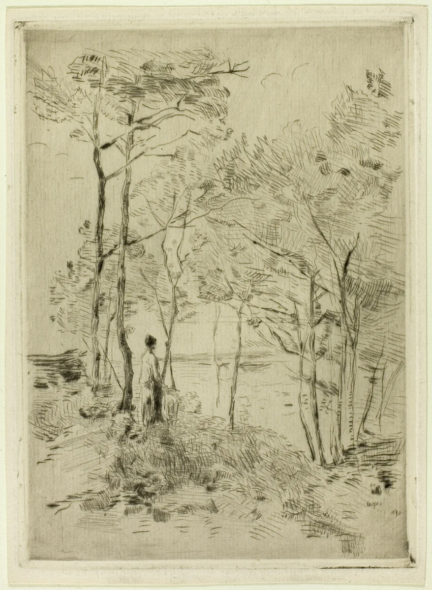 Woman Standing Among the Trees by Henri-Emile Lessore, print, 1850-1895