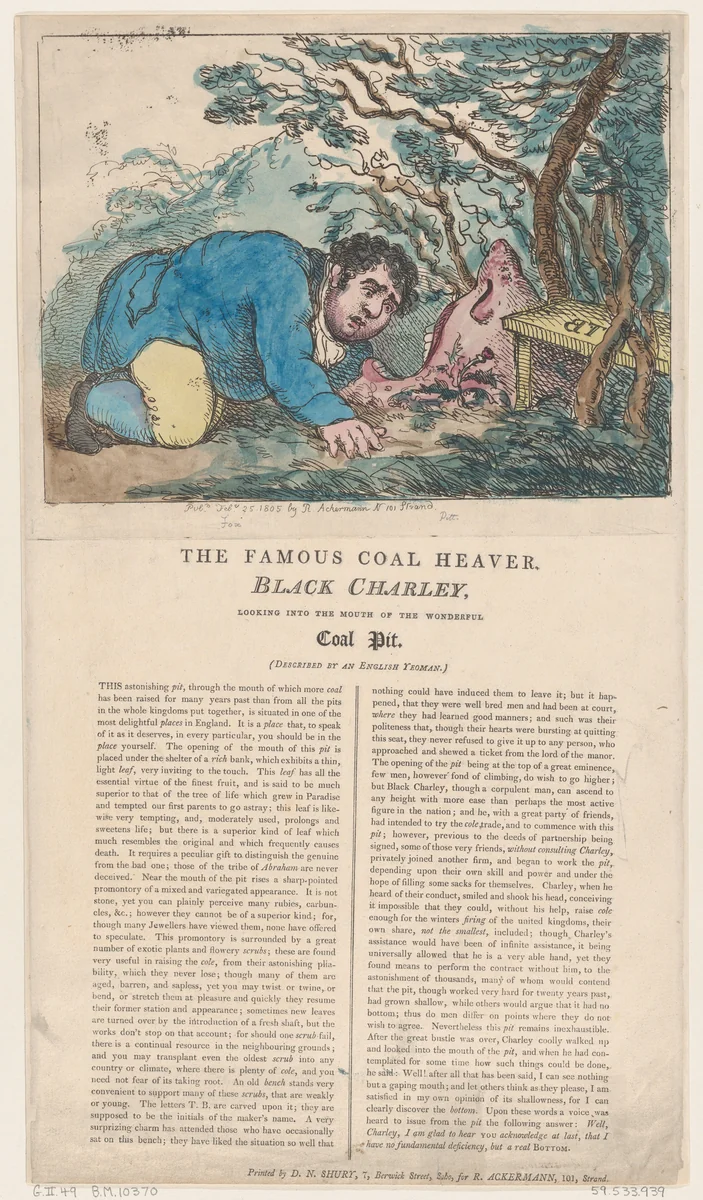 The Famous Coal Heaver Black Charley Looking into the Mouth of the Wonderful Coal Pit by Thomas Rowlandson, print, 1805