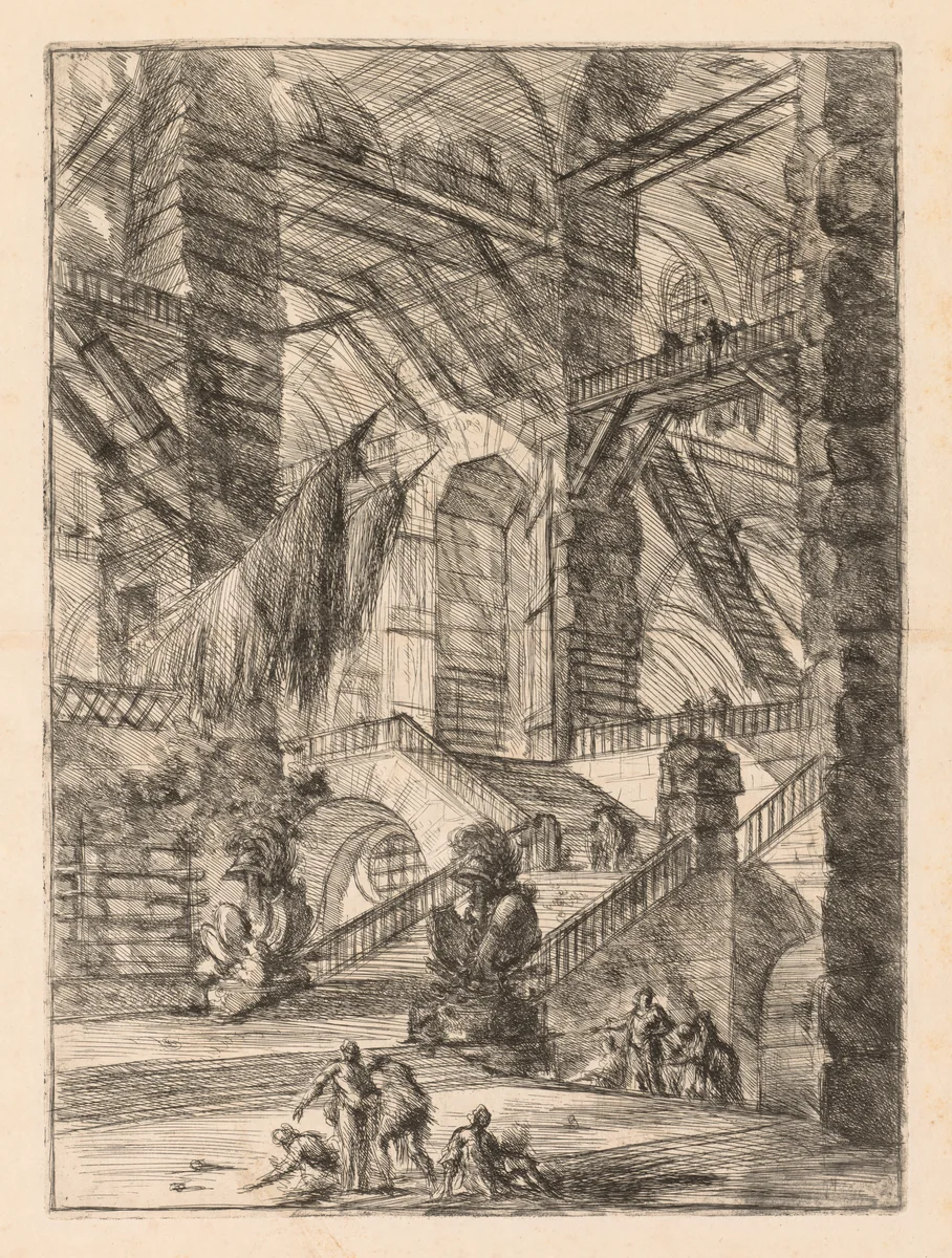 The Prisons: A Vast Interior with Trophies by Giovanni Battista Piranesi, print, 1745-1750