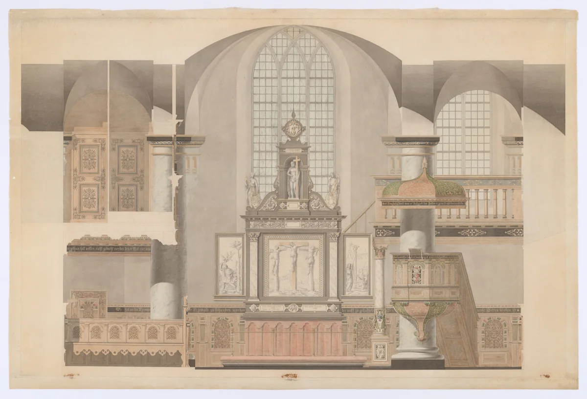Elevation of the Altar Wall in the Royal Chapel at Kronborg Castle, Denmark by Michael Gottlieb Bindesbøll, drawing, 1800-1899