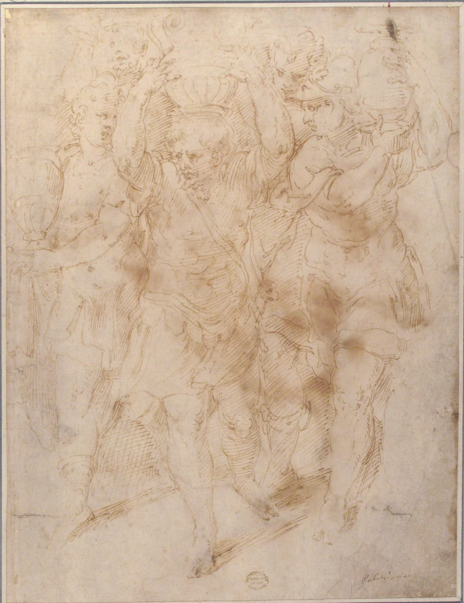 Soldiers Carrying Urns by Girolamo da Carpi, drawing, 1501-1556