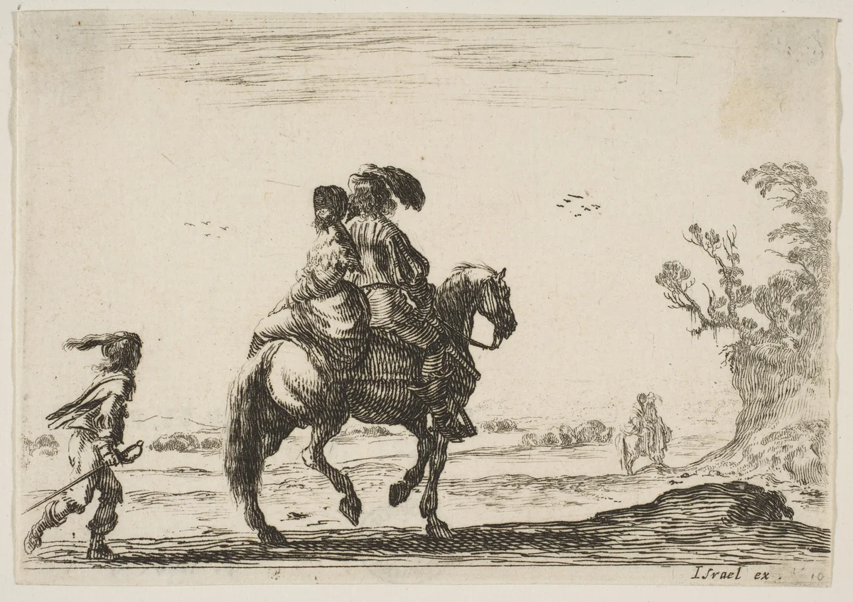 A horseman and a woman, seen from behind, riding towards the right with a young man following them to left, another horseman and woman to right in the background, plate 10 from "Various Figures" (Agréable diversité de figures) by Stefano della Bella, print, 1642