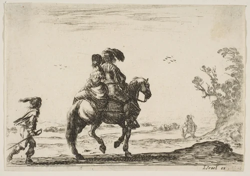 A horseman and a woman, seen from behind, riding towards the right with a young man following them to left, another horseman and woman to right in the background, plate 10 from "Various Figures" (Agréable diversité de figures) by Stefano della Bella, print, 1642