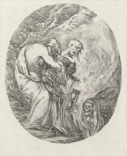 De Dood voert een oude man naar zijn graf by Stefano della Bella, print, 1620-1664
