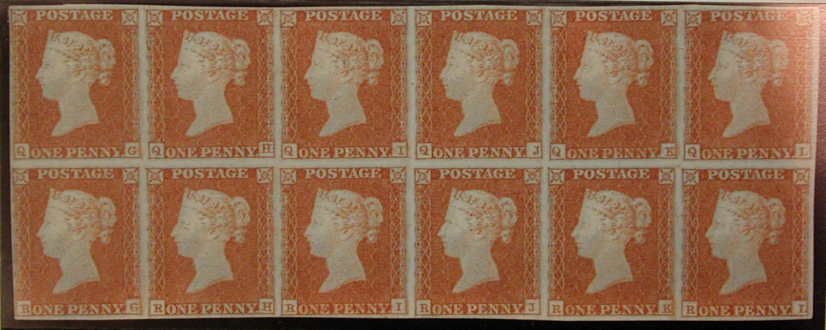 Unused block of twelve "Penny Red Brown" postage stamps of Queen Victoria by William Wyon, other, 1841