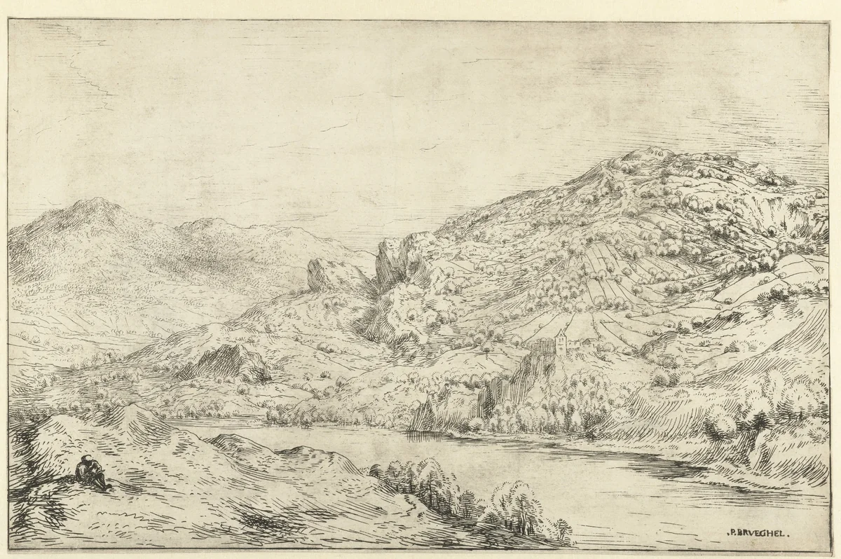Bergachtig landschap met schilder by anonymous, print, 1579-1699
