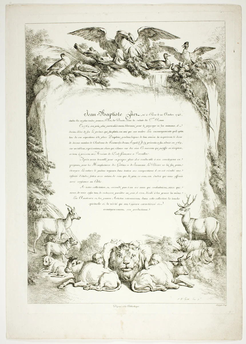 Biography Page from Oeuvres de J. B. Huet by Jean Baptiste Huet, print, 1796-1799