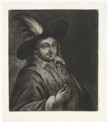 Onbekende man met gevederde hoed by Jacob Hoolaart, print, 1723-1789