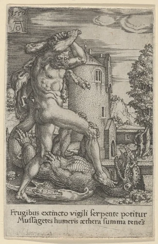 Hercules Killing the Dragon Ladon, from The Labors of Hercules by Heinrich Aldegrever, print, 1550