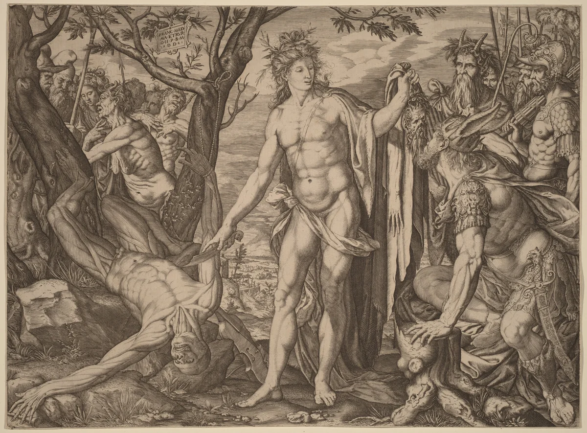 Apollo and Marsyas by Melchior Meier, print, 1581