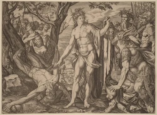 Apollo and Marsyas by Melchior Meier, print, 1581