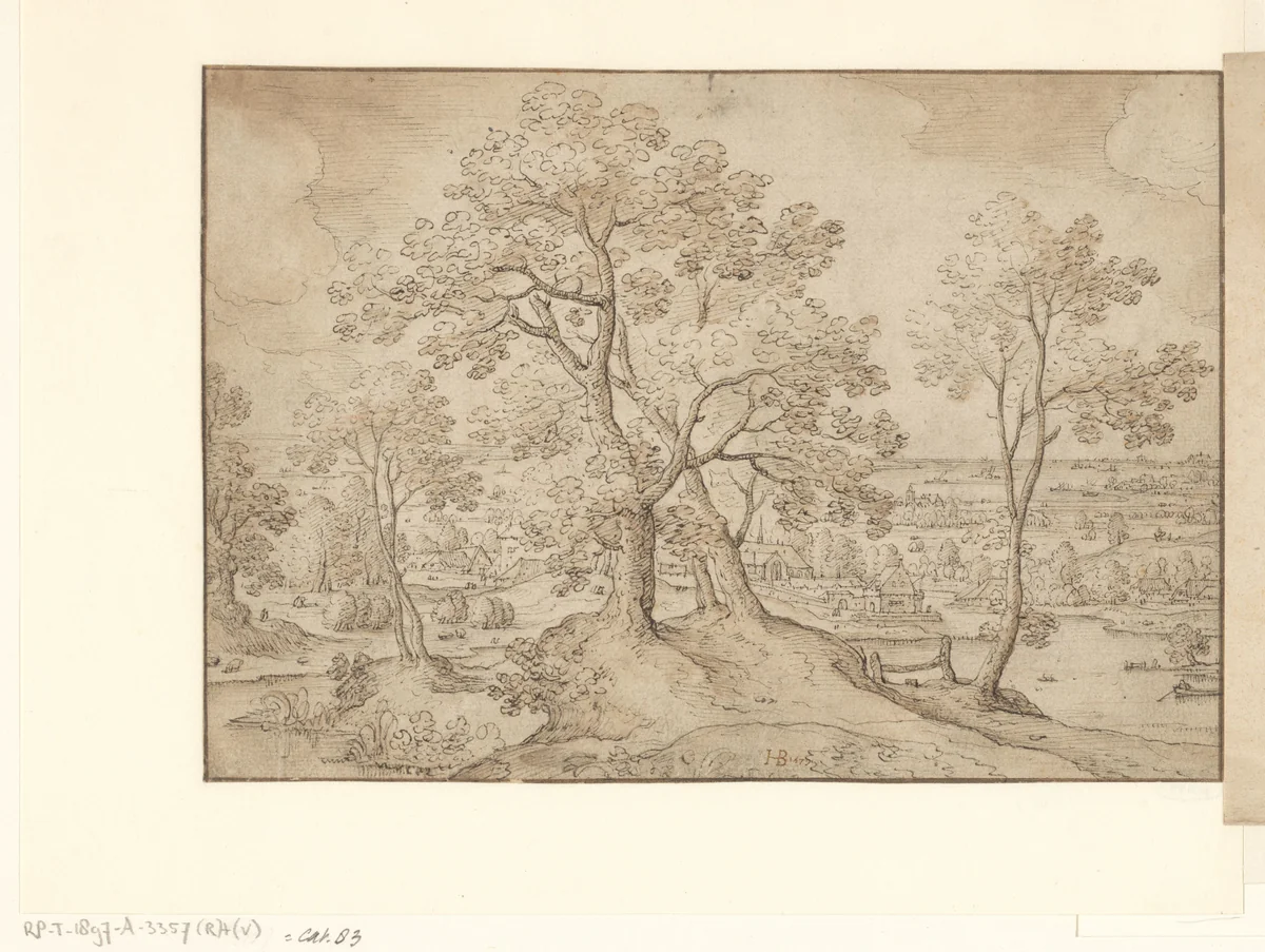 Gezicht op een rivier die langs een dorp stroomt by Hans Bol, drawing, 1579