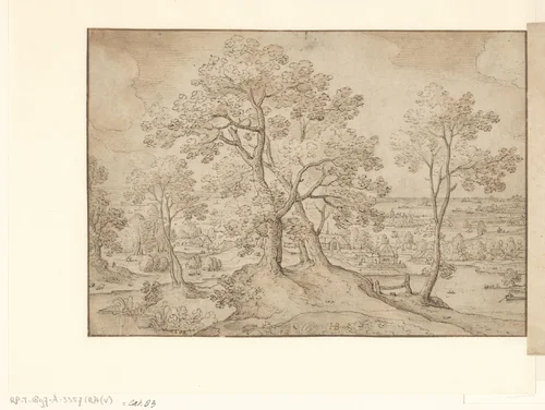 Gezicht op een rivier die langs een dorp stroomt by Hans Bol, drawing, 1579