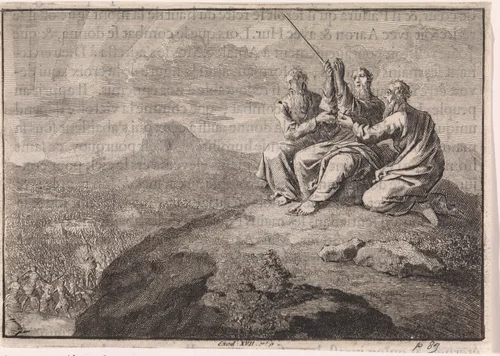 Aäron en Chur stutten Mozes' handen tijdens de strijd van het volk Israël tegen de Amalekieten by Jan Luyken, print, 1703-1762