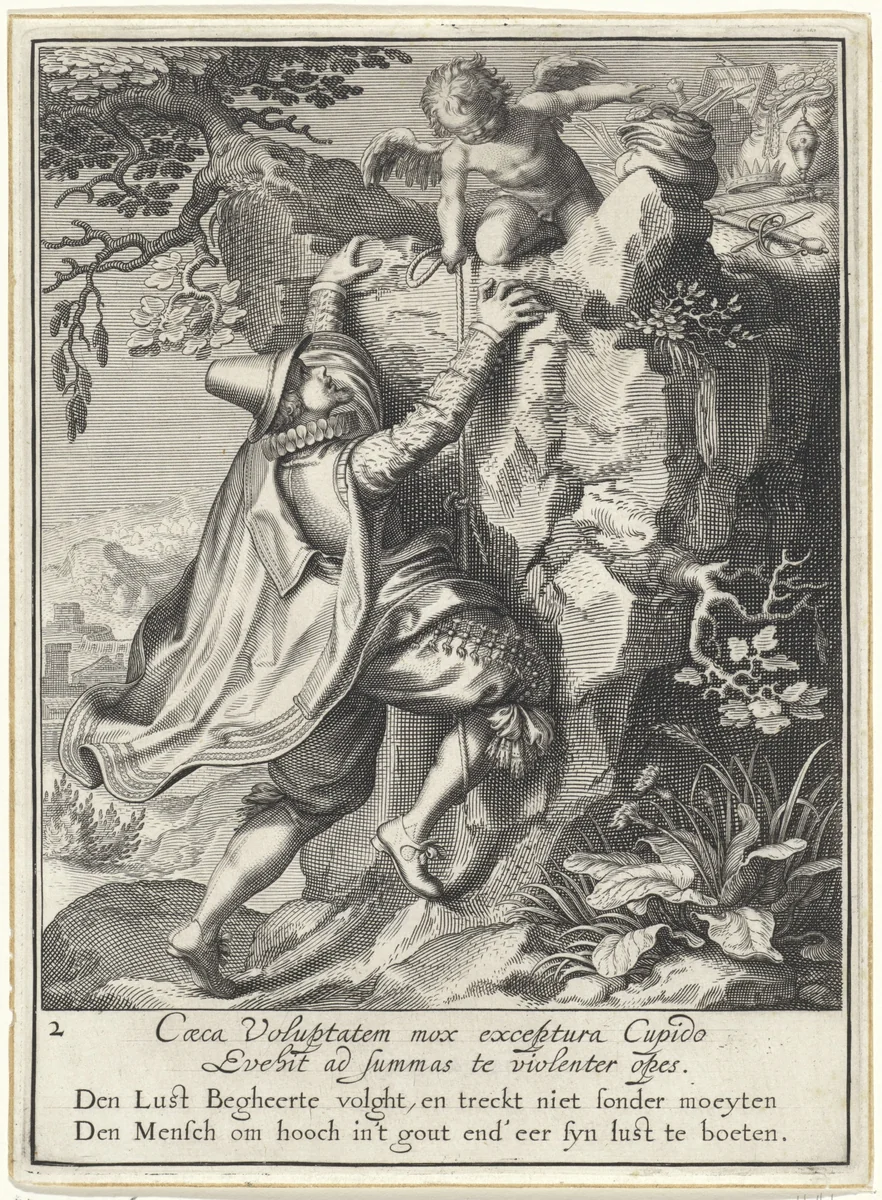 Man beklimt een rots met geblinddoekte Cupido by Willem Isaacsz. van Swanenburg, print, 1609