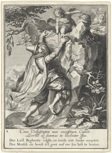 Man beklimt een rots met geblinddoekte Cupido by Willem Isaacsz. van Swanenburg, print, 1609