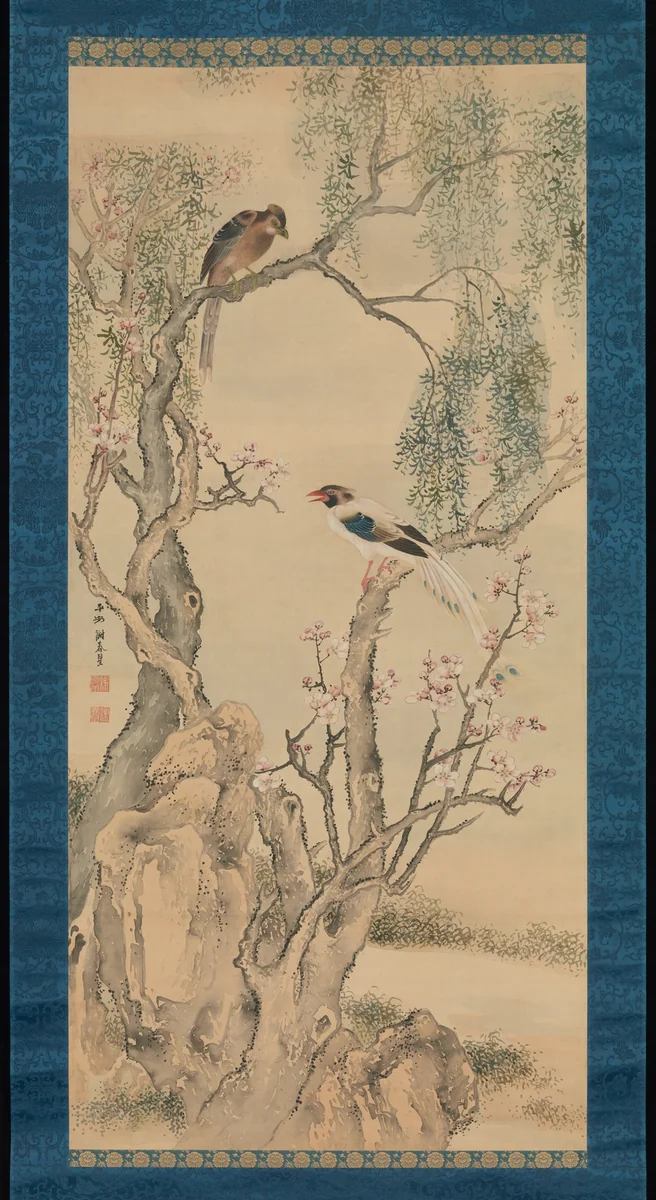 Birds in Willows and Blossoming Peach Tree by Yosa Buson (与謝蕪村), painting, 1760-1769